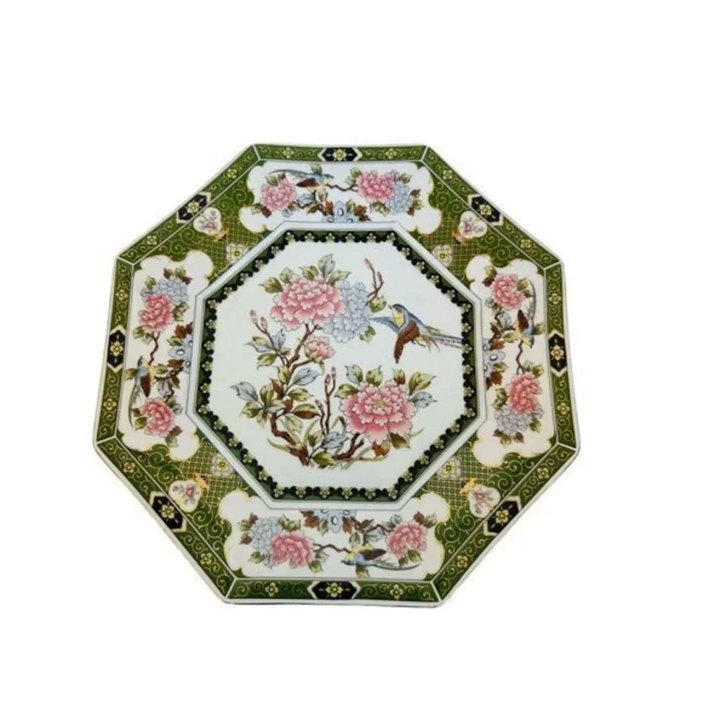 Vintage Octagon Green Dinner‎ Plate Peonies Bird AA Importing Co Made In Japan